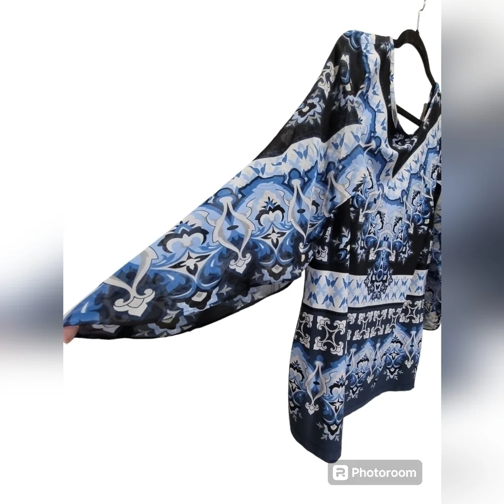 XL Navy Blue Sheer Flowy Sleeve V Neck Tunic Paisley Geometric - Picture 4 of 7